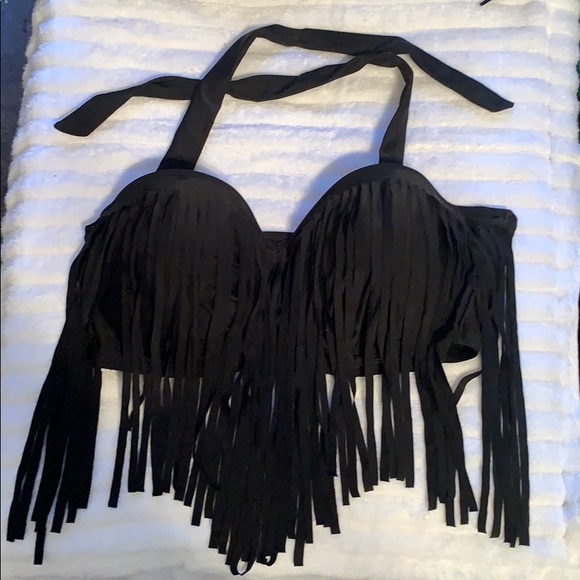 Swim Solutions Other - Black size large fringe halter top bikini top